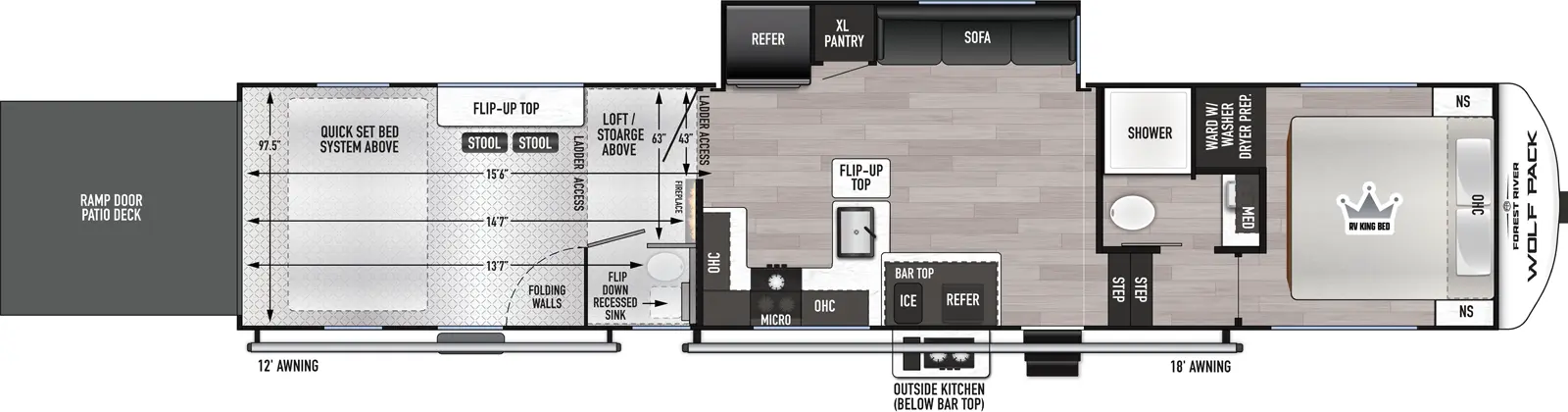 The Wolf Pack 365PACK15.5 floorplan is a toy hauler that has two entries and one slide out. Exterior features include: fiberglass exterior and 12' & 18' awning. Interiors features include: loft, front bedroom and bathroom and a half.
